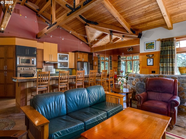 living area with visible vents, high vaulted ceiling, wooden ceiling, and beamed ceiling