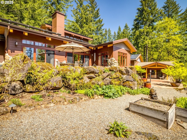 rear view of property featuring a chimney, a patio area, and a vegetable garden