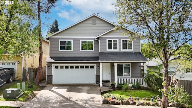 view of front of house with fence, covered porch, an attached garage, and concrete driveway