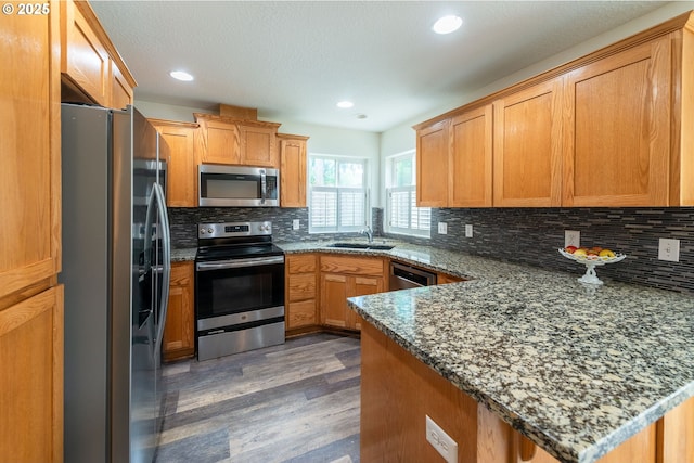 kitchen featuring decorative backsplash, a peninsula, wood finished floors, a sink, and appliances with stainless steel finishes