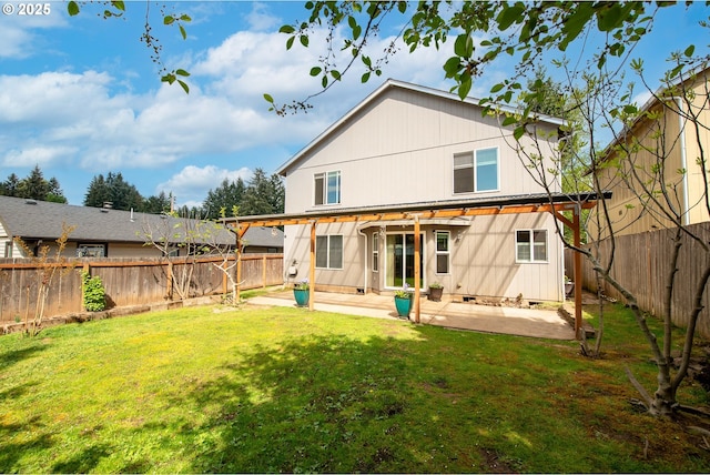 rear view of property with a patio, a fenced backyard, a yard, and a pergola