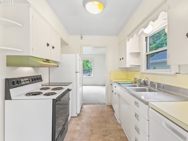 kitchen featuring open shelves, under cabinet range hood, dishwasher, a sink, and electric range oven