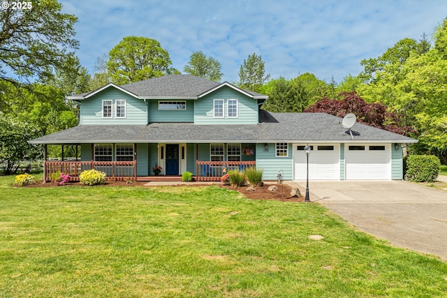 traditional-style home with a garage, driveway, a porch, and a front lawn