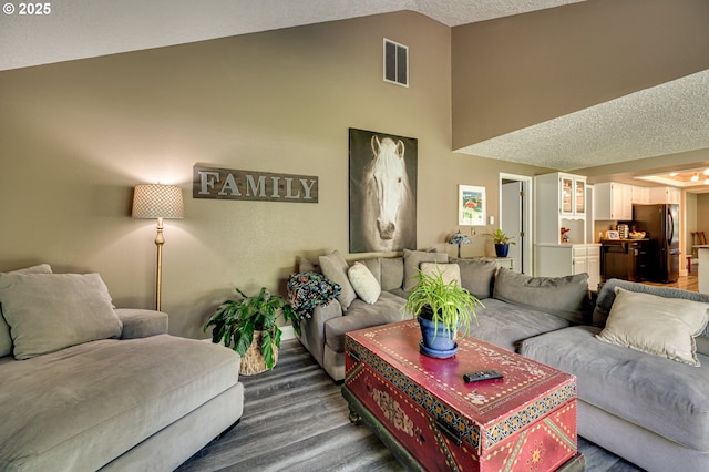 living room with dark wood finished floors, high vaulted ceiling, and a textured ceiling