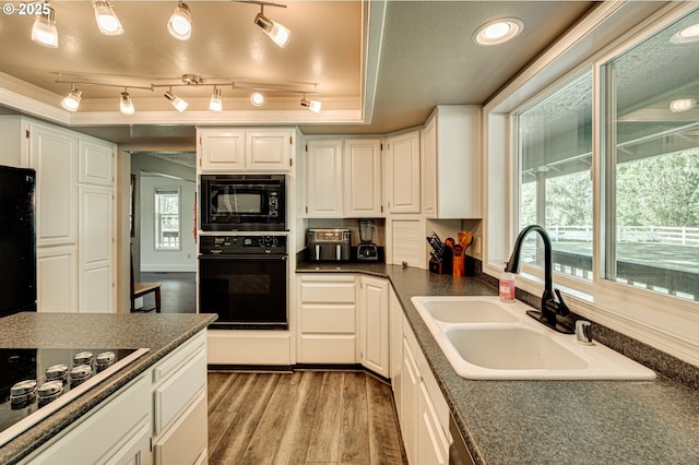 kitchen featuring black appliances, a sink, light wood finished floors, dark countertops, and plenty of natural light