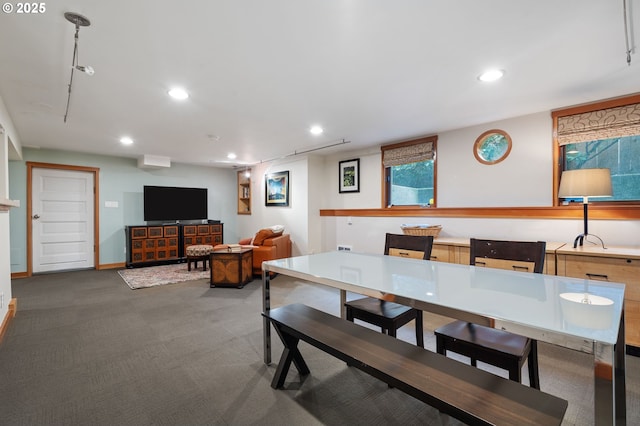 dining area featuring carpet, baseboards, and recessed lighting