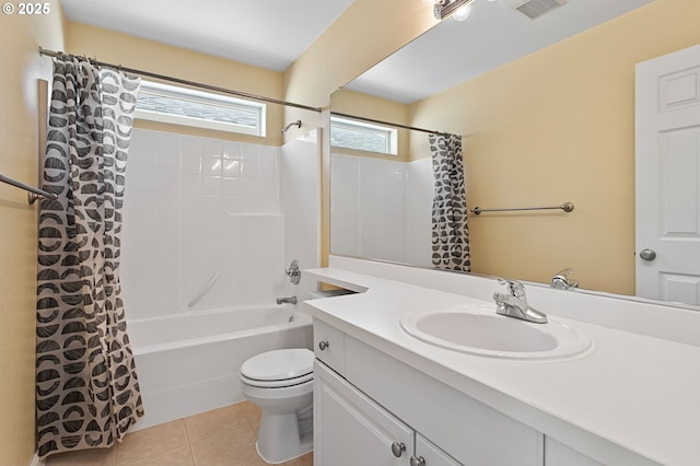 full bathroom with vanity, tile patterned floors, toilet, and shower / bathtub combination with curtain