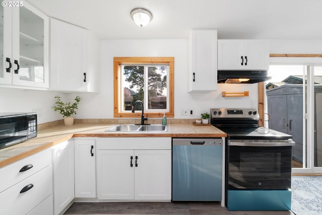 kitchen with a sink, stainless steel range with electric stovetop, black microwave, under cabinet range hood, and dishwasher