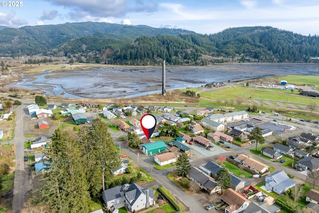 bird's eye view featuring a residential view, a view of trees, and a water view