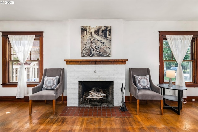 living area featuring wood finished floors and a fireplace