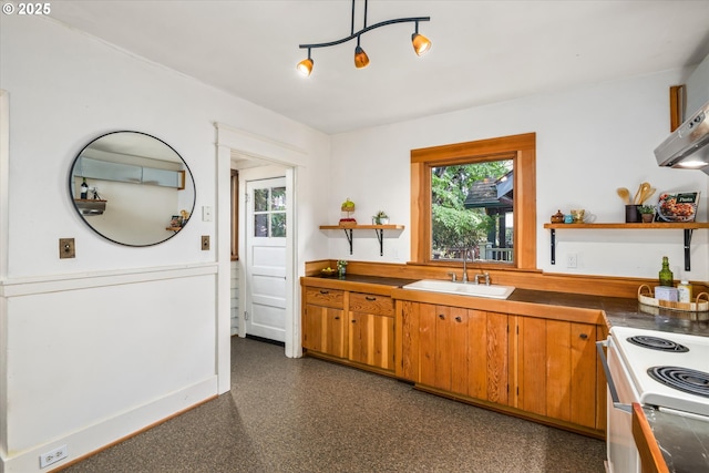 kitchen featuring open shelves, a sink, plenty of natural light, and brown cabinetry
