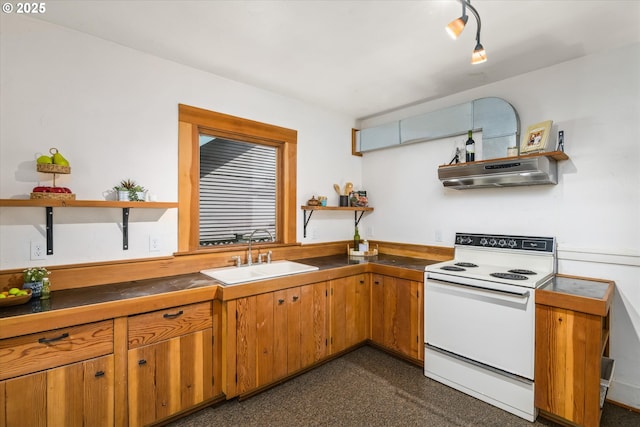 kitchen featuring open shelves, white range with electric cooktop, a sink, under cabinet range hood, and brown cabinets