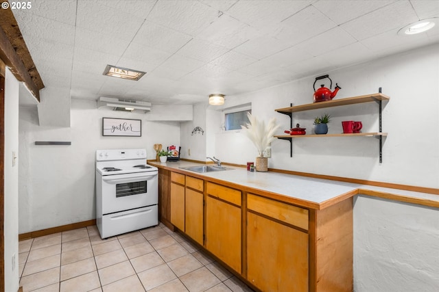 kitchen with white range with electric cooktop, a sink, light countertops, under cabinet range hood, and light tile patterned floors