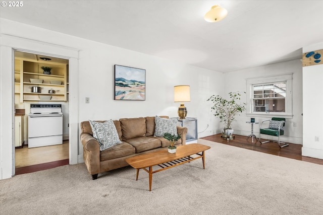 living area featuring wood finished floors, carpet, and baseboards