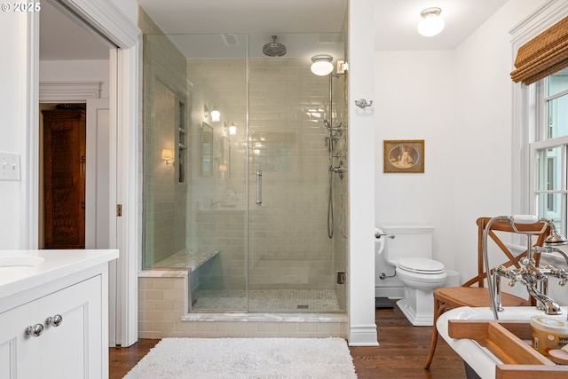 4108 NE 30th Ave Unit A & B, Portland, OR 97211 - full bathroom featuring a stall shower, vanity, toilet, wood finished floors, and baseboards