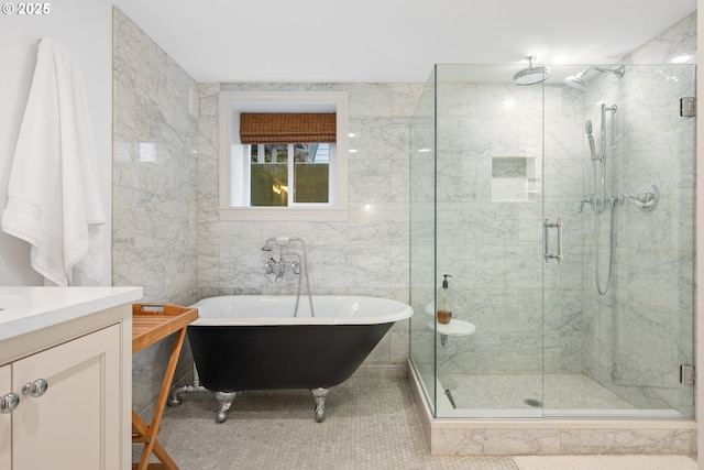 4108 NE 30th Ave Unit A & B, Portland, OR 97211 - bathroom featuring a freestanding bath, a shower stall, vanity, and tile walls