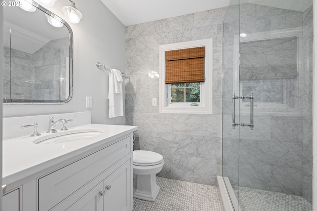 4108 NE 30th Ave Unit A & B, Portland, OR 97211 - full bathroom featuring vanity, a marble finish shower, toilet, and tile patterned floors