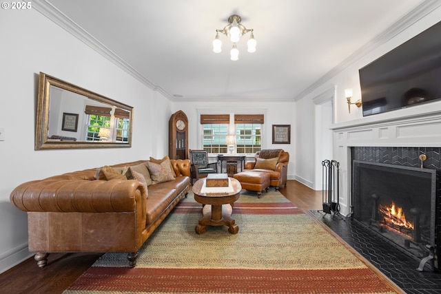 4108 NE 30th Ave Unit A & B, Portland, OR 97211 - living room featuring a fireplace, dark wood-type flooring, ornamental molding, and baseboards