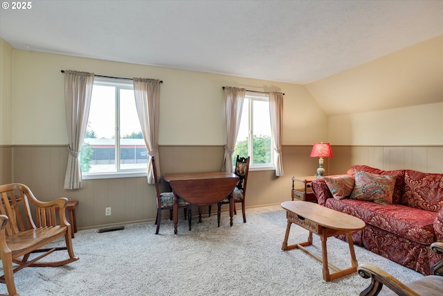 19905 SE Neck Rd, Dayton, OR 97114 - living area featuring a wainscoted wall, carpet, and vaulted ceiling