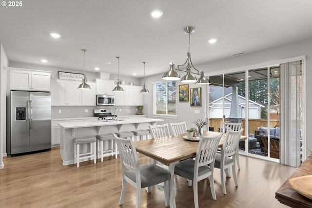 dining room featuring recessed lighting and light wood-style floors