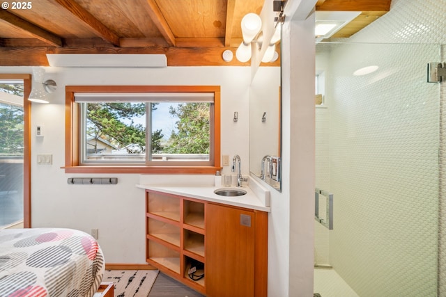 bathroom with wood ceiling, a stall shower, beam ceiling, vanity, and baseboards