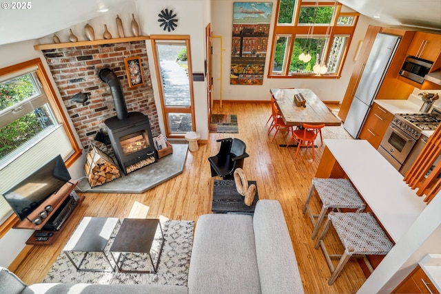 living area featuring a wood stove, hardwood / wood-style flooring, and a wealth of natural light