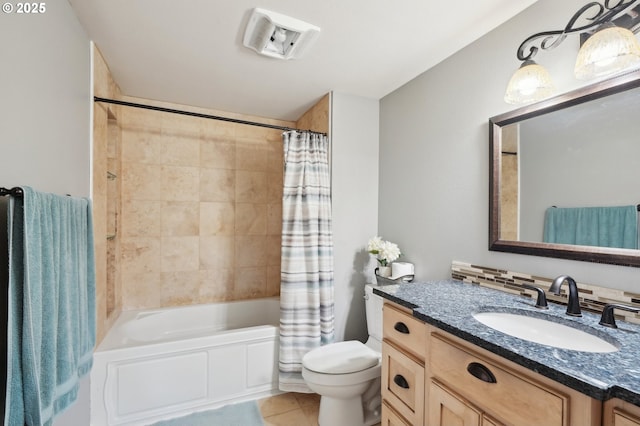 bathroom featuring toilet, shower / bathtub combination with curtain, vanity, and tile patterned flooring