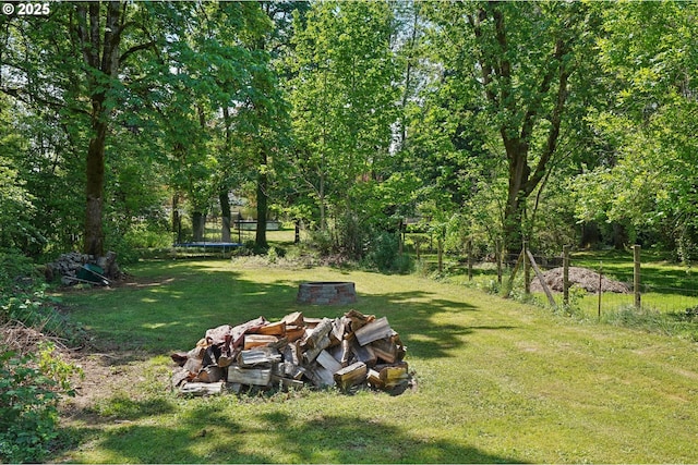 view of green lawn featuring a trampoline and an outdoor fire pit