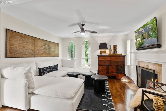 2917 Westview Cir, Lake Oswego, OR 97034 - living area featuring wood finished floors, a ceiling fan, and a tile fireplace