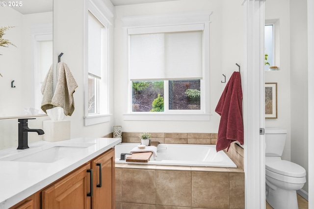 bathroom featuring vanity, a garden tub, and toilet