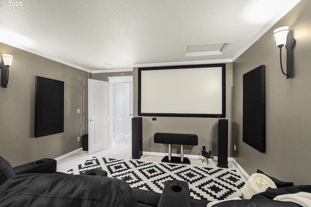 cinema featuring baseboards, crown molding, and light colored carpet