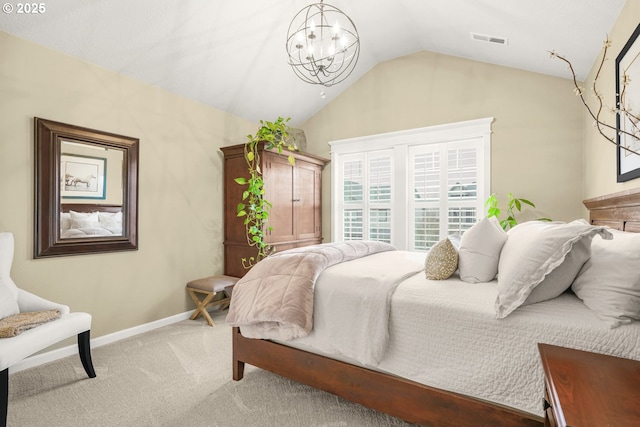 bedroom featuring lofted ceiling, a notable chandelier, light carpet, visible vents, and baseboards