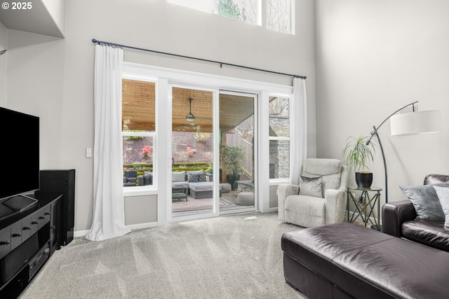 carpeted living area with a high ceiling