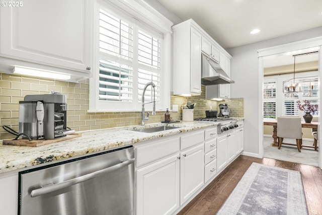 kitchen with appliances with stainless steel finishes, dark wood-type flooring, a sink, and under cabinet range hood