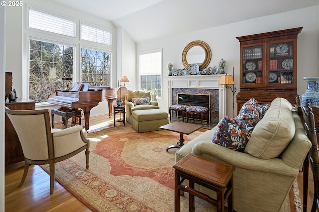 living room featuring a premium fireplace, vaulted ceiling, and wood-type flooring