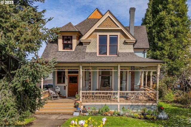 victorian house with a shingled roof, covered porch, and a chimney
