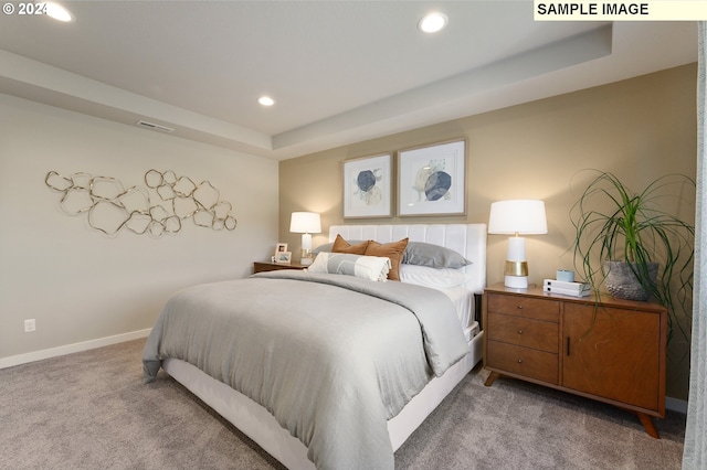 carpeted bedroom featuring a raised ceiling