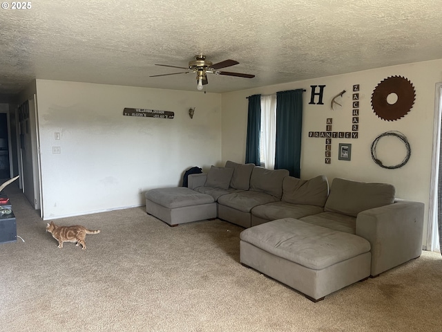 414 NW 5th St, Willamina, OR 97396 - carpeted living area featuring a ceiling fan and a textured ceiling