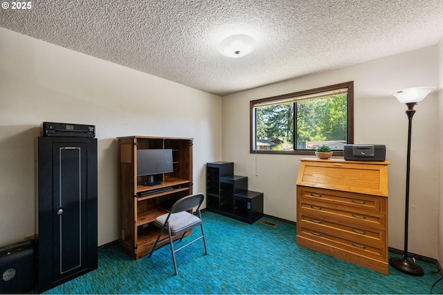 office space with dark colored carpet and a textured ceiling