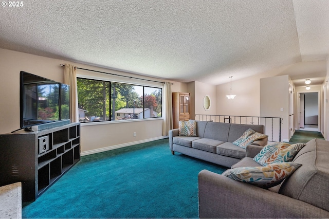 carpeted living area with baseboards, vaulted ceiling, and a textured ceiling