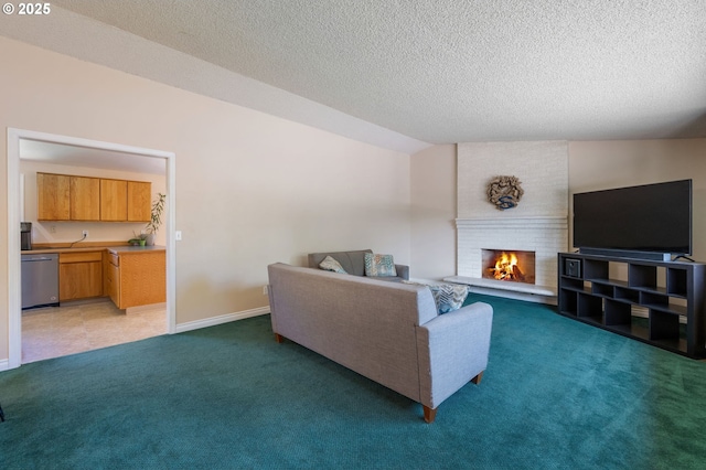 living area featuring light carpet, a brick fireplace, a textured ceiling, and baseboards