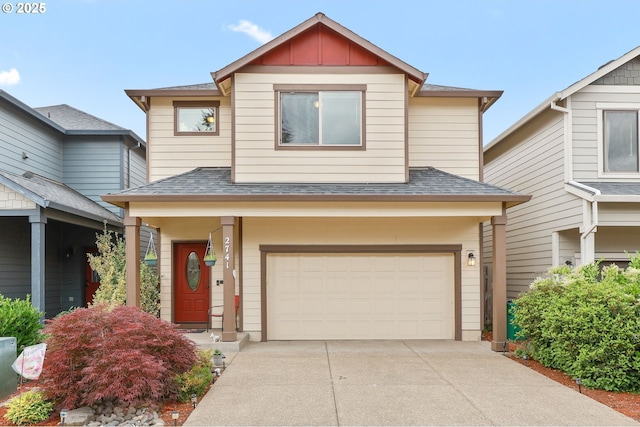 2741 25th Pl, Forest Grove, OR 97116 - traditional home featuring concrete driveway, an attached garage, a shingled roof, and board and batten siding
