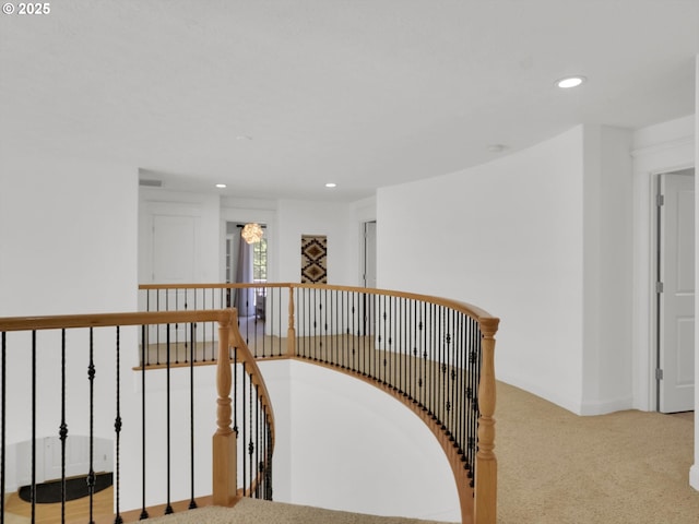 stairway featuring carpet floors, recessed lighting, and baseboards