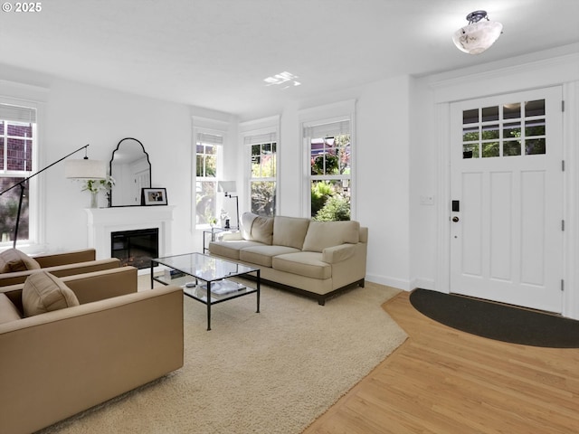 living area with a glass covered fireplace, plenty of natural light, and light wood finished floors