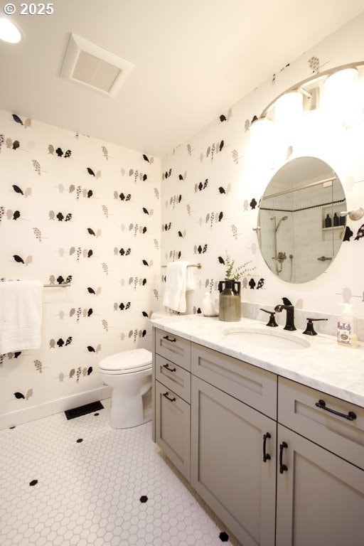 2440 SW Burbank Ave, Portland, OR 97225 - bathroom with wallpapered walls, vanity, and a shower