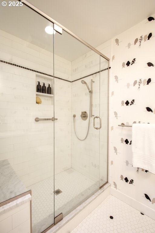 2440 SW Burbank Ave, Portland, OR 97225 - full bath with a stall shower and tile patterned flooring