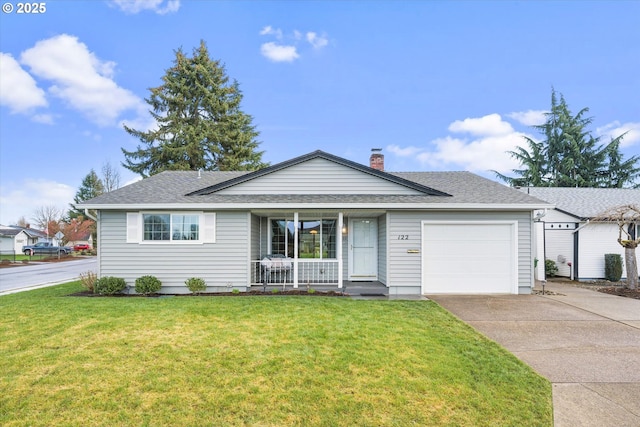 ranch-style house with an attached garage, covered porch, concrete driveway, a front lawn, and a chimney