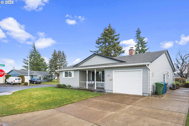 ranch-style home featuring a porch, concrete driveway, a chimney, and a front lawn