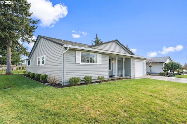 single story home with driveway, an attached garage, a porch, and a front yard