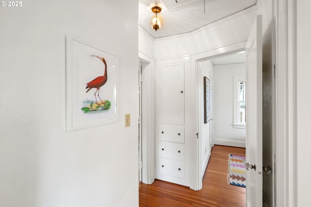 hallway featuring attic access, wood finished floors, and baseboards